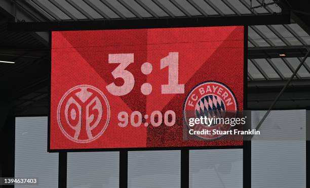 The scoreboard shows the final score of 3-1 to Mainz during the Bundesliga match between 1. FSV Mainz 05 and FC Bayern München at MEWA Arena on April...