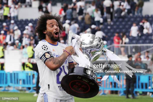 Marcelo of Real Madrid celebrates following their side's victory in the LaLiga Santander match between Real Madrid CF and RCD Espanyol at Estadio...