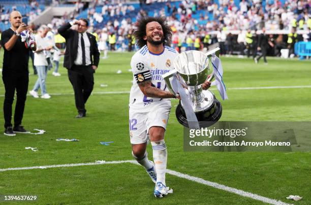 Marcelo of Real Madrid celebrates following their side's victory in the LaLiga Santander match between Real Madrid CF and RCD Espanyol at Estadio...