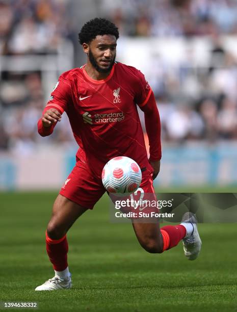 Liverpool player Joe Gomez in action during the Premier League match between Newcastle United and Liverpool at St. James Park on April 30, 2022 in...