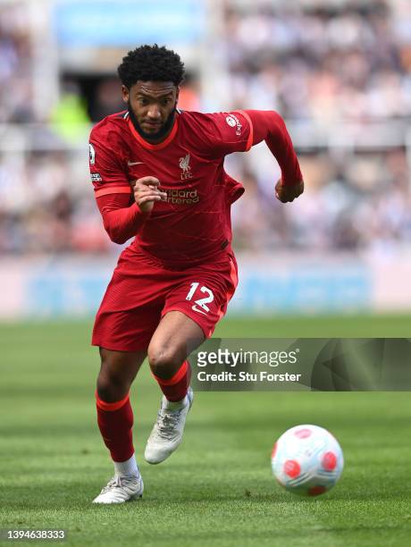 Liverpool player Joe Gomez in action during the Premier League match between Newcastle United and Liverpool at St. James Park on April 30, 2022 in...