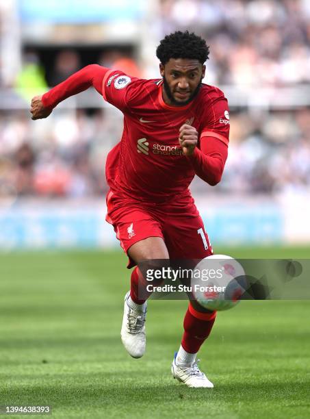 Liverpool player Joe Gomez in action during the Premier League match between Newcastle United and Liverpool at St. James Park on April 30, 2022 in...