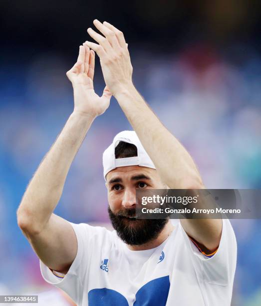 Karim Benzema of Real Madrid celebrates following their side's victory in the LaLiga Santander match between Real Madrid CF and RCD Espanyol for...