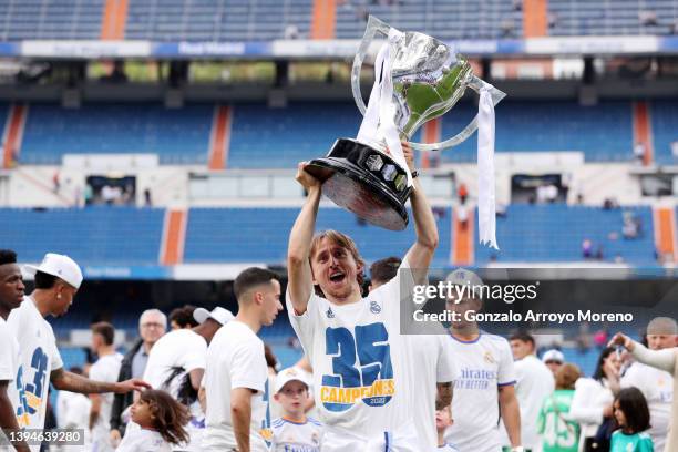 Luka Modric of Real Madrid celebrates following their side's victory in the LaLiga Santander match between Real Madrid CF and RCD Espanyol for their...