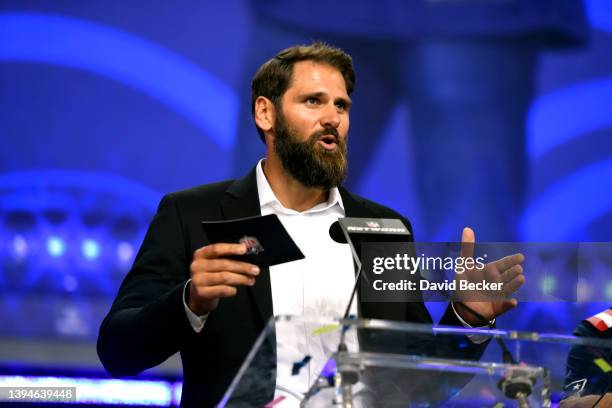 Sebastian Vollmer announces the New England Patriots' 127th overall pick during round four of the 2022 NFL Draft on April 30, 2022 in Las Vegas,...