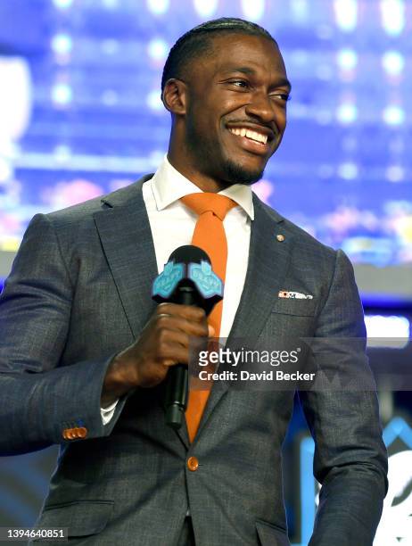 Robert Griffin III speaks onstage during round four of the 2022 NFL Draft on April 30, 2022 in Las Vegas, Nevada.