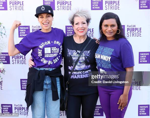 Rosario Dawson, Pancreatic Cancer Action Network founder Pamela Acosta Marquardt and Mindy Kaling attend PanCAN PurpleStride: The Ultimate Event to...