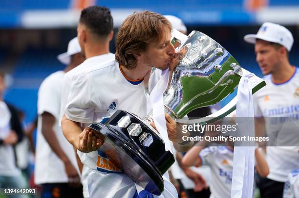 Luka Modric of Real Madrid CF kisses the LaLiga trophy as they celebrate winning La Liga Santander title after the LaLiga Santander match between...