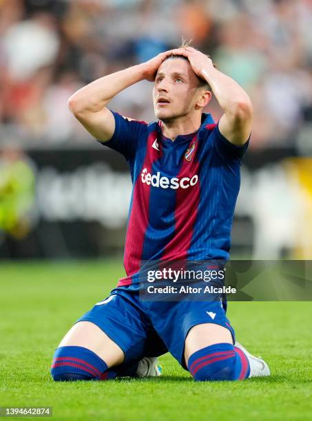 Enis Bardhi of Levante reacts during the LaLiga Santander match between Valencia CF and Levante UD at Estadio Mestalla on April 30, 2022 in Valencia,...