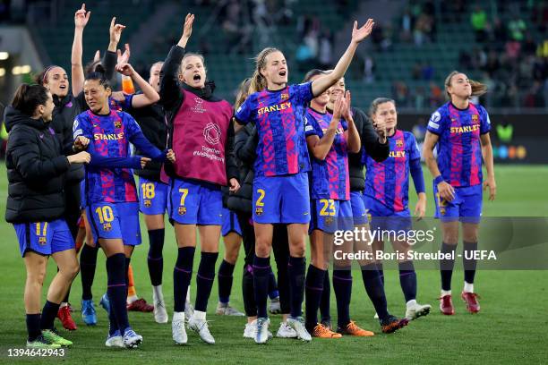 Barcelona celebrate progression into the UEFA Women's Champions League final after the UEFA Women's Champions League Semi Final Second Leg match...