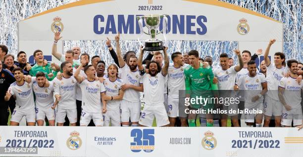 Marcelo Vieira of Real Madrid holds the LaLiga trophy aloft as they celebrate winning La Liga Santander title after the LaLiga Santander match...