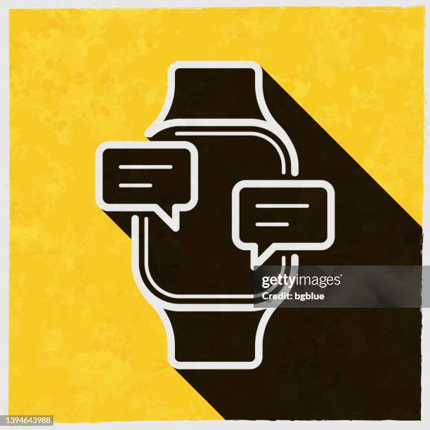 smartwatch with chat bubbles. icon with long shadow on textured yellow background - question icon editable stock illustrations