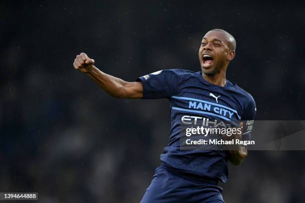 Fernandinho of Manchester City celebrates after scoring their sides fourth goal during the Premier League match between Leeds United and Manchester...