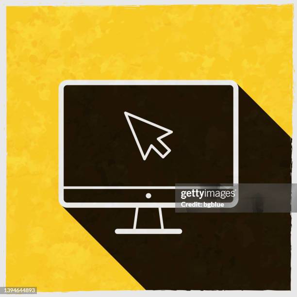 desktop computer with pointer. icon with long shadow on textured yellow background - lcd screen texture stock illustrations