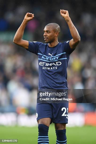 Fernandinho of Manchester City celebrates after scoring their sides fourth goal during the Premier League match between Leeds United and Manchester...