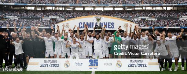 Marcelo Vieira of Real Madrid holds the LaLiga trophy as he and his team-mates celebrate winning the La Liga Santander title after the LaLiga...