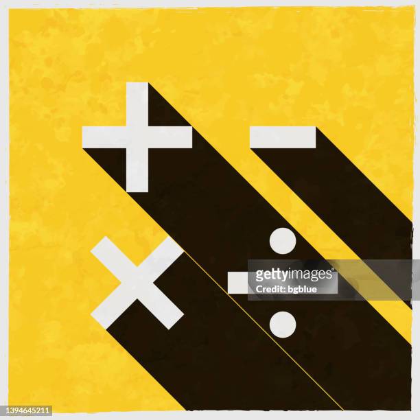 bildbanksillustrationer, clip art samt tecknat material och ikoner med mathematical symbols. icon with long shadow on textured yellow background - minustecken