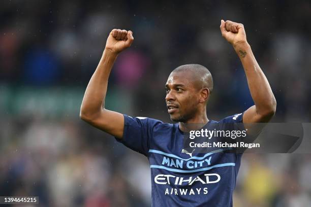 Fernandinho of Manchester City celebrates after scoring their sides fourth goal during the Premier League match between Leeds United and Manchester...