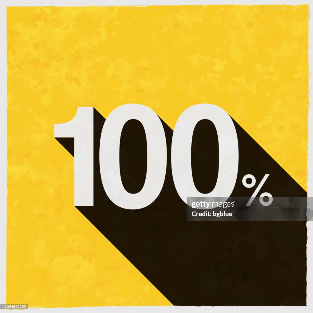 100% - Cem por cento. Ícone com sombra longa no fundo amarelo texturizado
