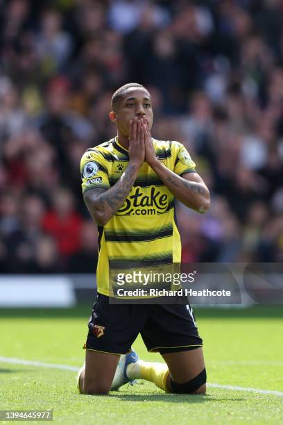 João Pedro of Watford reacts after missing a chance during the Premier League match between Watford and Burnley at Vicarage Road on April 30, 2022 in...