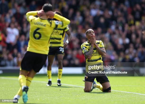 João Pedro of Watford reacts after missing a chance during the Premier League match between Watford and Burnley at Vicarage Road on April 30, 2022 in...