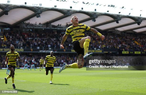 Juraj Kucka of Watford celebrates scoring the first goal during the Premier League match between Watford and Burnley at Vicarage Road on April 30,...