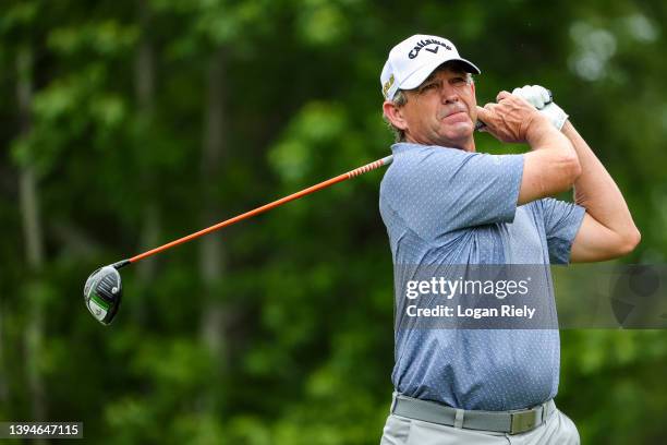 Lee Janzen of the United States tees off on the fourth hole during the second round of the Insperity Invitational at The Woodlands Golf Club on April...