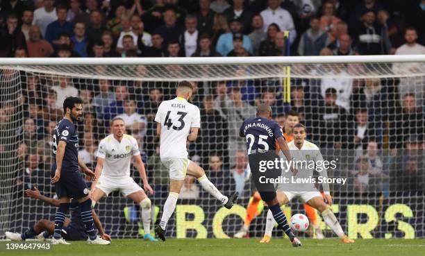 Fernandinho of Manchester City scores their sides fourth goal during the Premier League match between Leeds United and Manchester City at Elland Road...