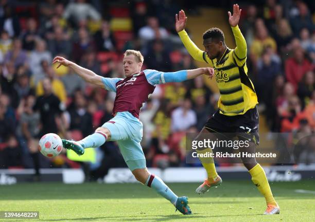 Matěj Vydra of Burnley battles with Christian Kabasele of Watford during the Premier League match between Watford and Burnley at Vicarage Road on...
