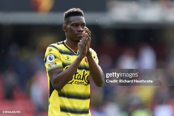 Ismaïla Sarr of Watford after the final whistle during the Premier League match between Watford and Burnley at Vicarage Road on April 30, 2022 in...