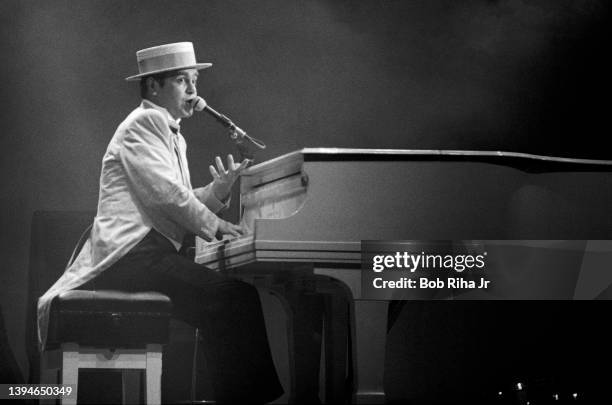 British musician Elton John performs in concert, August 26,1984 at Irvine Meadows Amphitheater in Irvine, California.