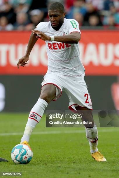 Anthony Modeste of 1. FC of Köln controls the ball during the Bundesliga match between FC Augsburg and 1. FC Köln at WWK-Arena on April 30, 2022 in...