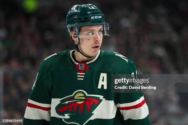 Joel Eriksson Ek of the Minnesota Wild looks on against the San Jose Sharks in the first period of the game at Xcel Energy Center on April 17, 2022...