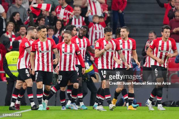 Inaki Williams of Athletic Bilbao celebrates with teammates after scoring their team's first goal during the LaLiga Santander match between Athletic...