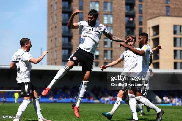 Jay Rich-Baghuelou of Accrington Stanley leaps in the air after Micheal Nottingham scored their third goal during the Sky Bet League One match...