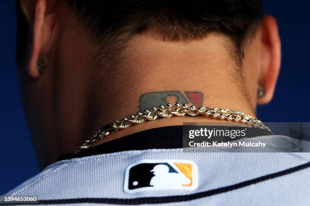 Detailed view of a tattoo on Javier Baez of the Detroit Tigers prior to the game against the Los Angeles Dodgers at Dodger Stadium on April 29, 2022...