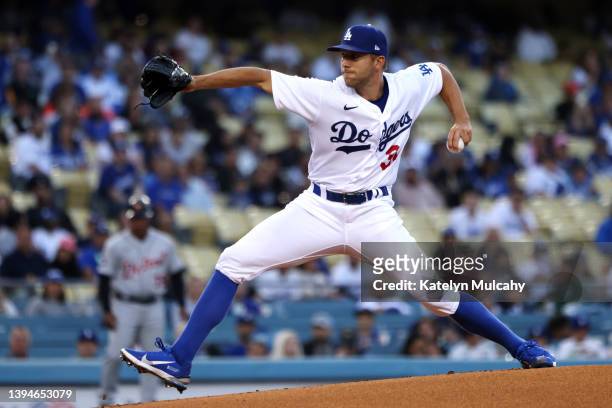 Tyler Anderson of the Los Angeles Dodgers pitches during the first inning against the Detroit Tigers at Dodger Stadium on April 29, 2022 in Los...