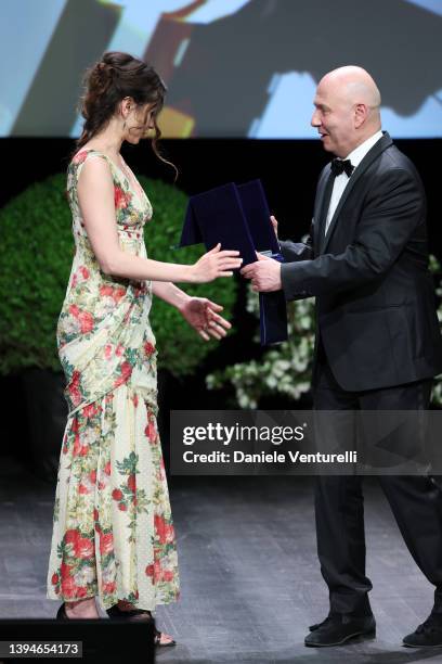 Clara Ponsot receives an award during the 19th Monte-Carlo Film Festival De La Comedie at Grimaldi Forum on April 30, 2022 in Monaco, Monaco.