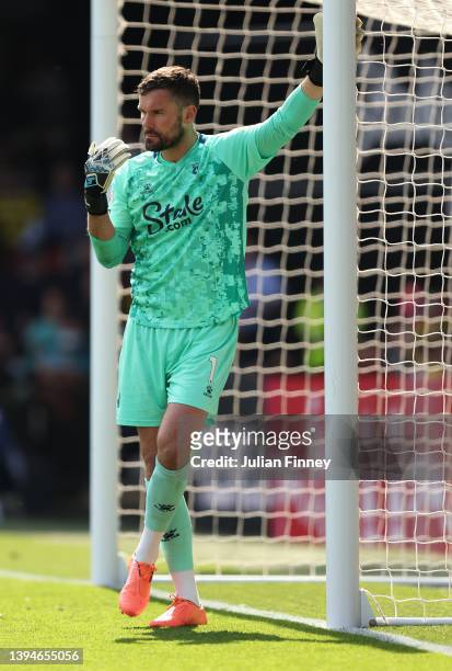 Ben Foster goalkeeper of Watford lines up a wall during the Premier League match between Watford and Burnley at Vicarage Road on April 30, 2022 in...