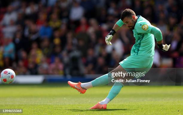 Ben Foster goalkeeper of Watford clears the ball during the Premier League match between Watford and Burnley at Vicarage Road on April 30, 2022 in...