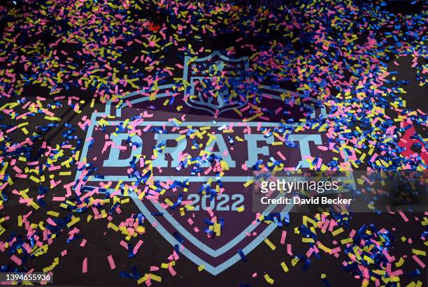 General view of confetti on the ground during round five of the 2022 NFL Draft on April 30, 2022 in Las Vegas, Nevada.