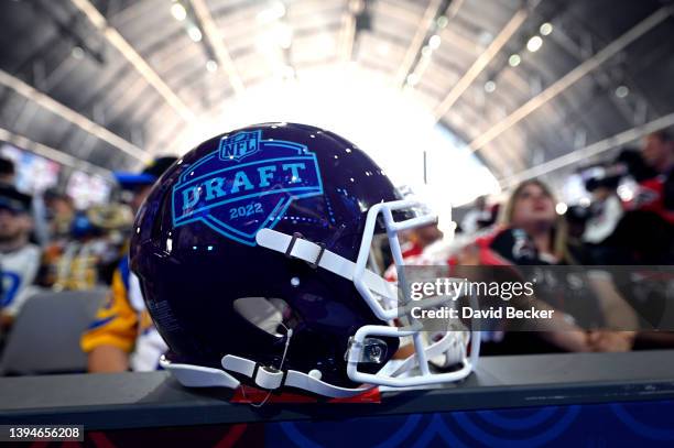 Football helmet is displayed featuring the 2022 NFL Draft on April 30, 2022 in Las Vegas, Nevada.