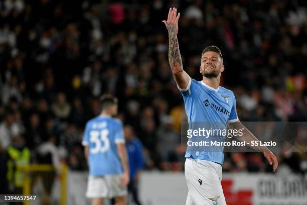 Sergej Milinkovic Savic of SS Lazio celebrates a third goal during the Serie A match between Spezia Calcio and SS Lazio at Stadio Alberto Picco on...