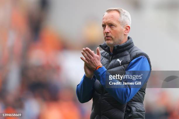 Neil Critchley, manager of Blackpool, looks on prior to the Sky Bet Championship match between Blackpool and Derby County at Bloomfield Road on April...