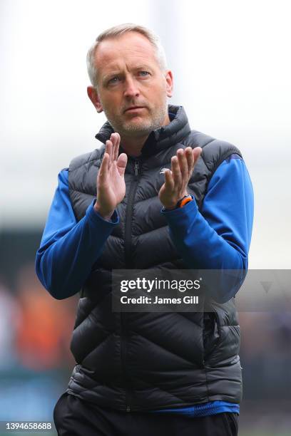 Neil Critchley, manager of Blackpool, looks on prior to the Sky Bet Championship match between Blackpool and Derby County at Bloomfield Road on April...