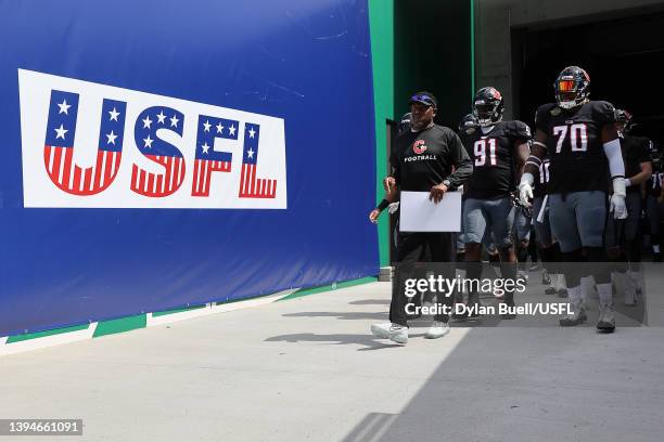 Head coach Kevin Sumlin of Houston Gamblers leads the team onto the field before the game against the Tampa Bay Bandits at Protective Stadium on...