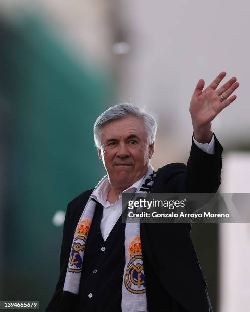 Manager Carlo Ancelotti of Real Madrid celebrates at Plaza de Cibeles following their victory in their LaLiga match against RCD Espanyol which lead...