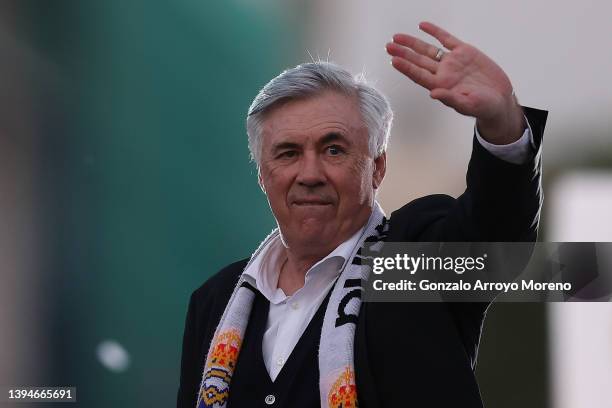 Manager Carlo Ancelotti of Real Madrid celebrates at Plaza de Cibeles following their victory in their LaLiga match against RCD Espanyol which lead...