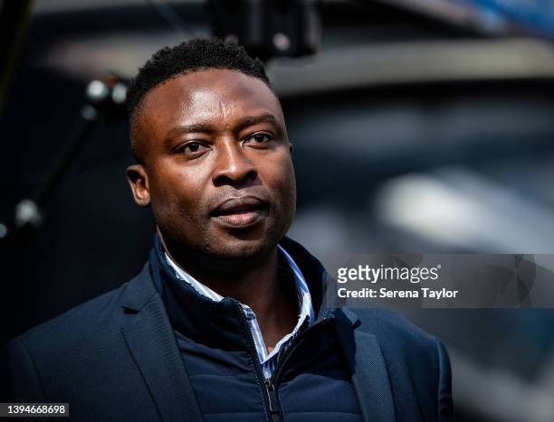 Ex Newcastle Striker Shola Ameobi during the Premier League match between Newcastle United and Liverpool at St. James Park on April 30, 2022 in...