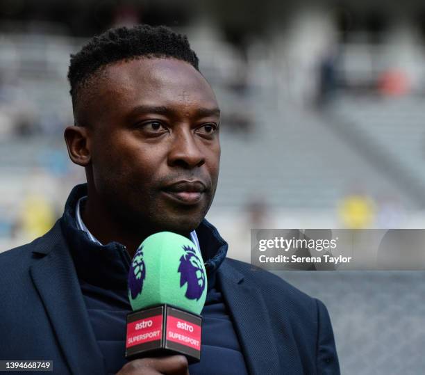 Ex Newcastle Striker Shola Ameobiduring the Premier League match between Newcastle United and Liverpool at St. James Park on April 30, 2022 in...